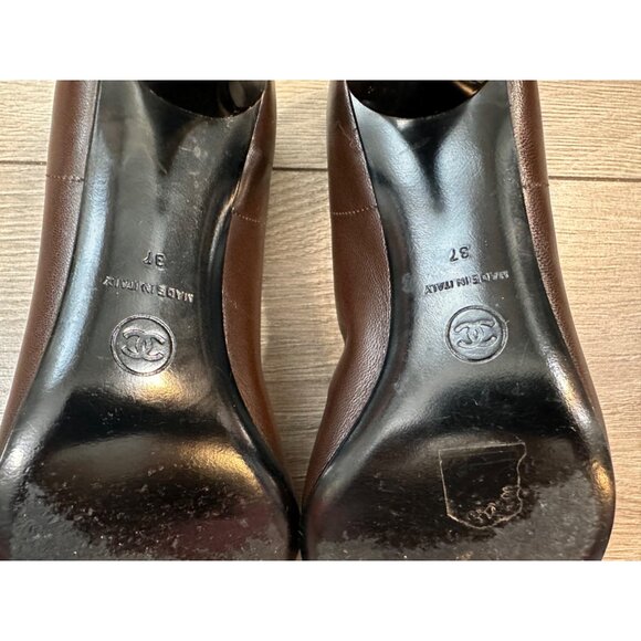 Vintage CHANEL Two Tone Brown Black Leather Ballet CC Bow Pumps Heels 37 - Picture 12 of 15
